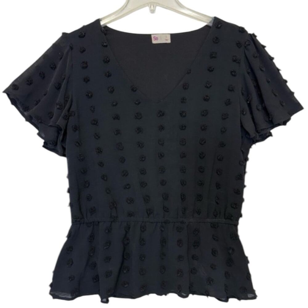 Black Peplum Blouse Juniors Large V-neck textured rosettes short sleeve